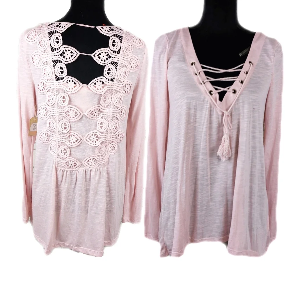 NWT Taylor & Sage Wmns M Boho Pink Tie Front Embroidered Back Top - Picture 1 of 6